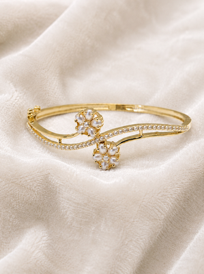 Gold-toned pearl floral kada bracelet with cz stones openable free size  2