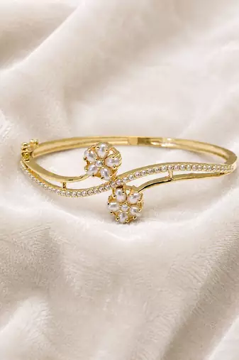Gold-toned pearl floral kada bracelet with cz stones openable free size 