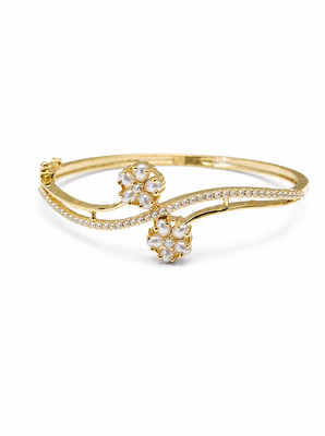 Gold-toned pearl floral kada bracelet with cz stones openable free size  3