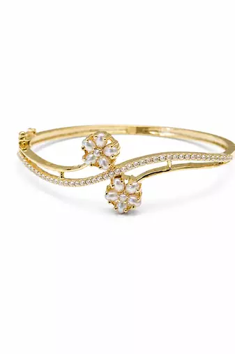 Gold-toned pearl floral kada bracelet with cz stones openable free size 