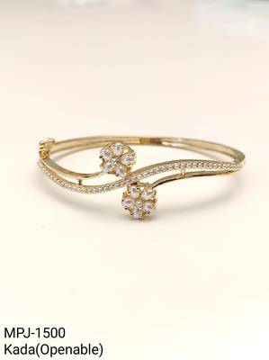 Gold-toned pearl floral kada bracelet with cz stones openable free size  4
