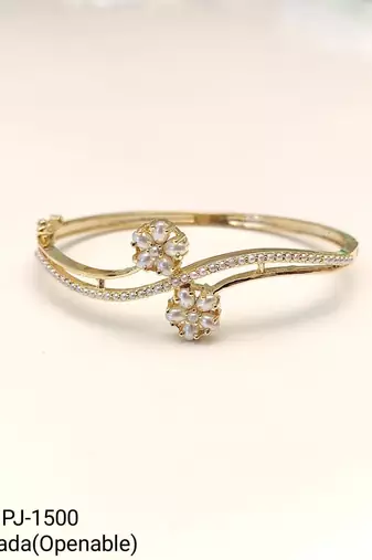 Gold-toned pearl floral kada bracelet with cz stones openable free size 