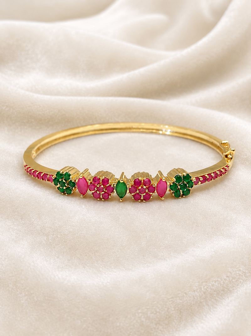 Gold-plated floral kada bracelet with ruby & emerald stones openable free size 