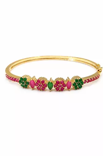 Gold-plated floral kada bracelet with ruby & emerald stones openable free size 
