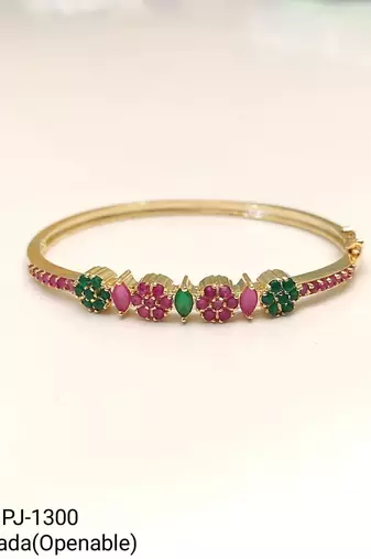 Gold-plated floral kada bracelet with ruby & emerald stones openable free size 