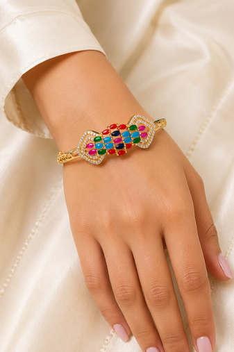Multicolour stone gold-toned openable kada bracelet for women free size 