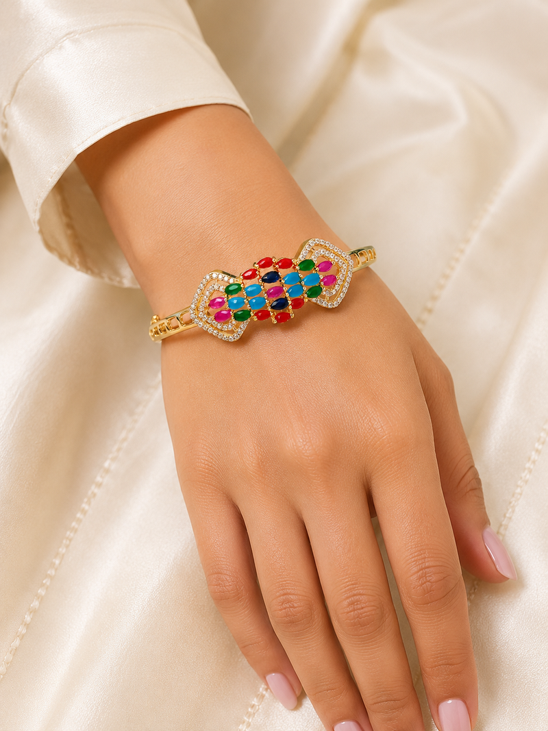 Multicolour stone gold-toned openable kada bracelet for women free size 