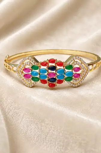 Multicolour stone gold-toned openable kada bracelet for women free size 