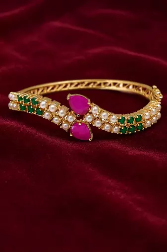 Gold-toned ruby & emerald pearl kada bracelet for women openable free size 
