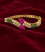Gold-toned ruby & emerald pearl kada bracelet for women openable free size 