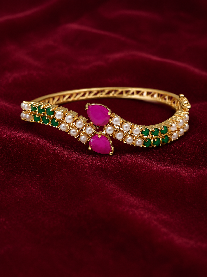 Gold-toned ruby & emerald pearl kada bracelet for women openable free size 