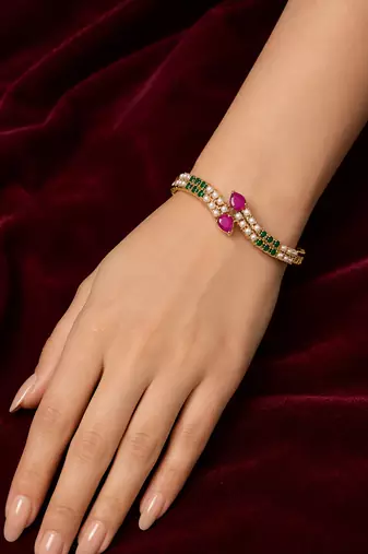 Gold-toned ruby & emerald pearl kada bracelet for women openable free size 