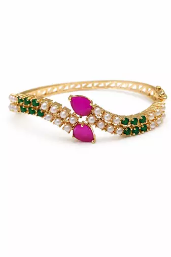 Gold-toned ruby & emerald pearl kada bracelet for women openable free size 