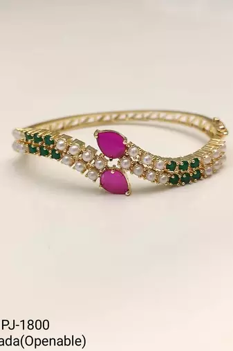 Gold-toned ruby & emerald pearl kada bracelet for women openable free size 