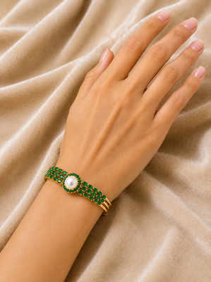 Gold-plated kada bracelet with pearl & green stone openable free size  2