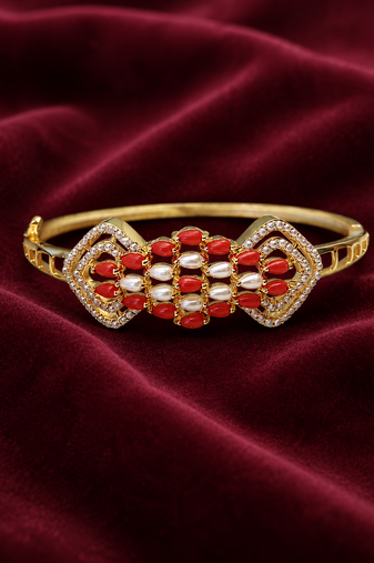 Gold-toned coral & pearl openable kada bracelet for women free size 