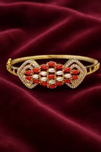 Gold-toned coral & pearl openable kada bracelet for women free size 