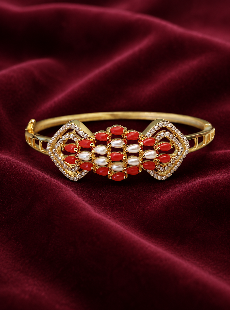 Gold-toned coral & pearl openable kada bracelet for women free size 