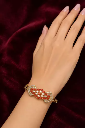 Gold-toned coral & pearl openable kada bracelet for women free size 