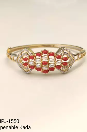 Gold-toned coral & pearl openable kada bracelet for women free size 