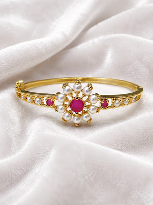 Gold-plated floral bangle with ruby and pearl stones openable free size  1