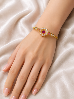 Gold-plated floral bangle with ruby and pearl stones openable free size  2