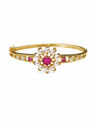 Gold-plated floral bangle with ruby and pearl stones openable free size  3