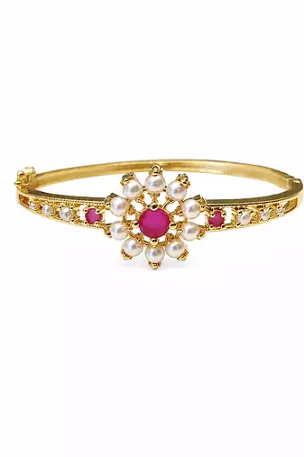 Gold-plated floral bangle with ruby and pearl stones openable free size 