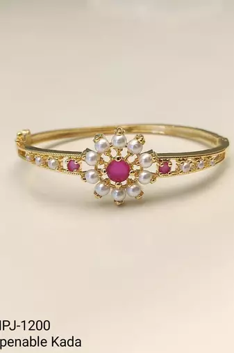 Gold-plated floral bangle with ruby and pearl stones openable free size 