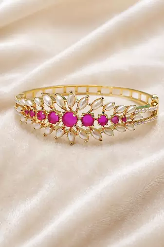 Gold-toned ruby & pearl floral kada bangle, openable free size 