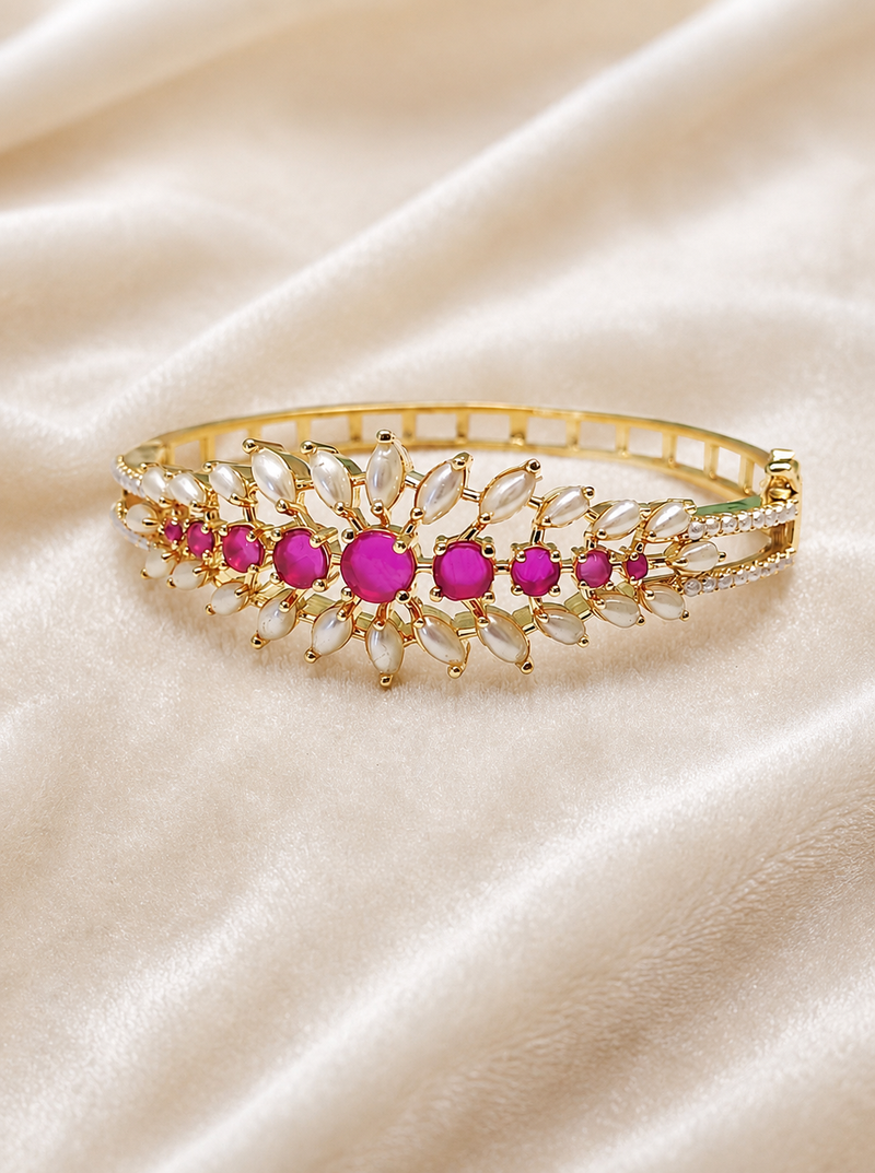 Gold-toned ruby & pearl floral kada bangle, openable free size 