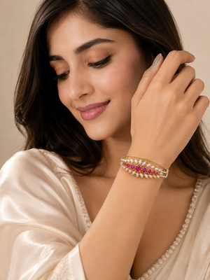 Gold-toned ruby & pearl floral kada bangle, openable free size  2