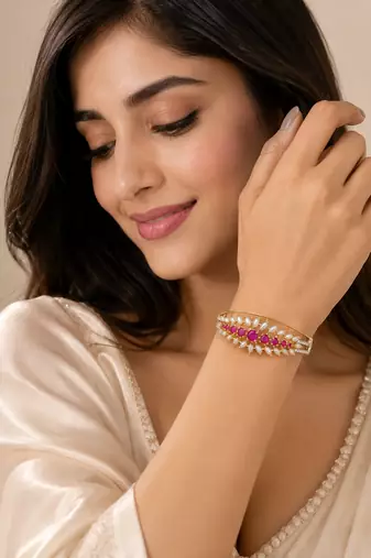 Gold-toned ruby & pearl floral kada bangle, openable free size 