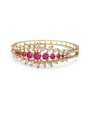 Gold-toned ruby & pearl floral kada bangle, openable free size  3