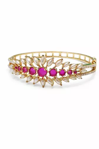 Gold-toned ruby & pearl floral kada bangle, openable free size 