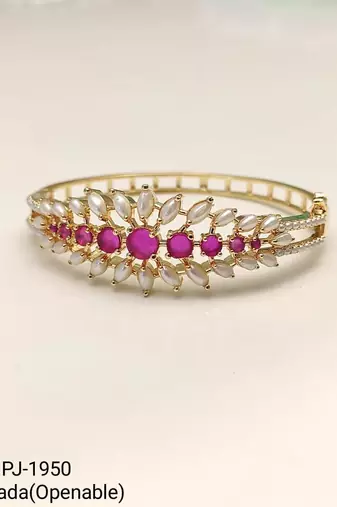 Gold-toned ruby & pearl floral kada bangle, openable free size 