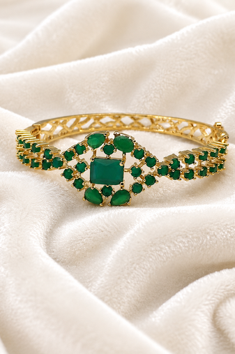 Green stone gold-tone kada bangle bracelet with openable clasp free size 