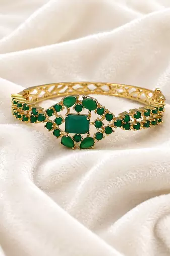 Green stone gold-tone kada bangle bracelet with openable clasp free size 
