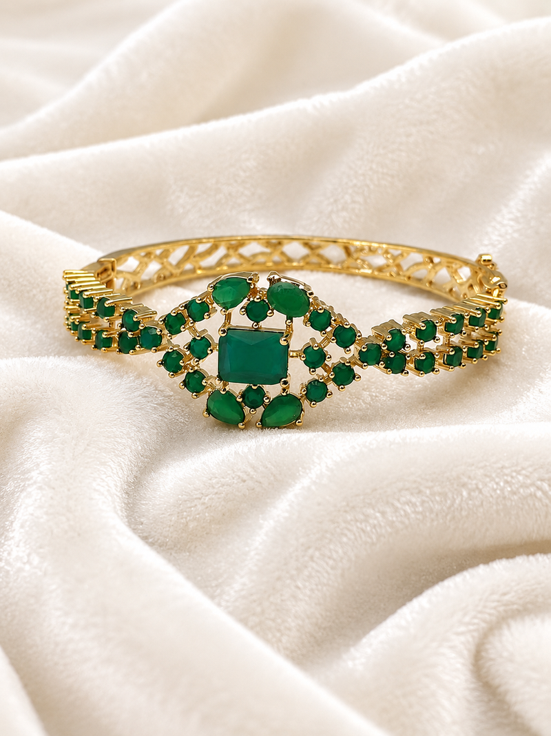 Green stone gold-tone kada bangle bracelet with openable clasp free size 