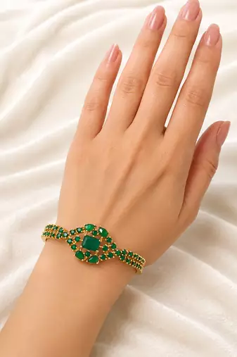 Green stone gold-tone kada bangle bracelet with openable clasp free size 