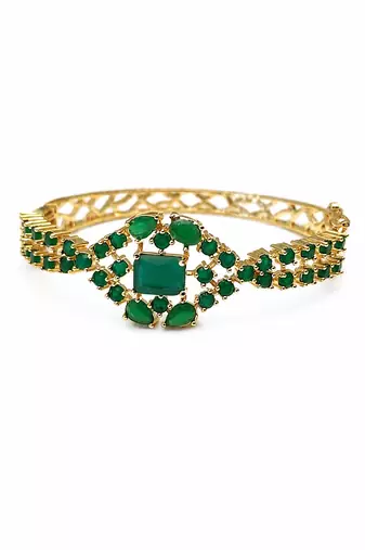 Green stone gold-tone kada bangle bracelet with openable clasp free size 