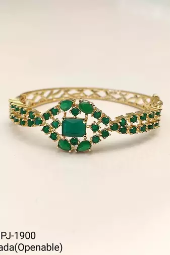 Green stone gold-tone kada bangle bracelet with openable clasp free size 