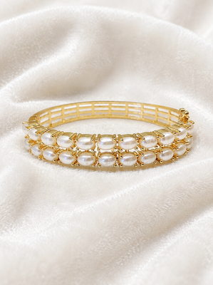Double row pearl kada bangle with gold-tone setting openable free size  1