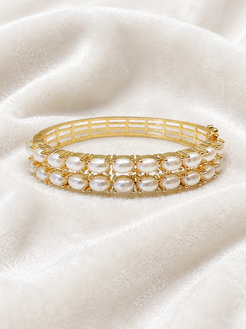 Double row pearl kada bangle with gold-tone setting openable free size 