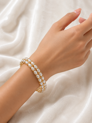 Double row pearl kada bangle with gold-tone setting openable free size  2