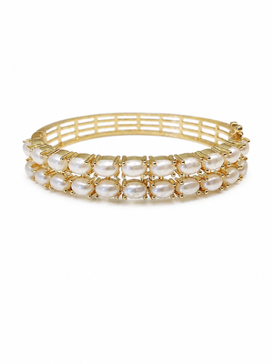 Double row pearl kada bangle with gold-tone setting openable free size  3