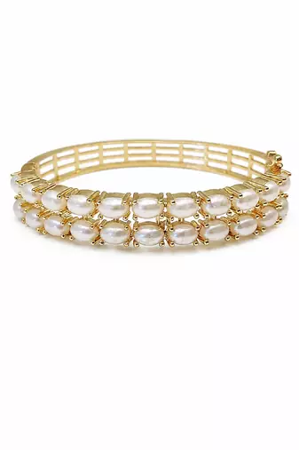 Double row pearl kada bangle with gold-tone setting openable free size 