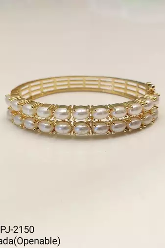 Double row pearl kada bangle with gold-tone setting openable free size 