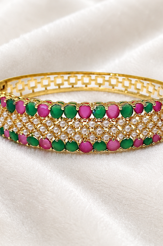 Gold-toned ruby emerald pearl kada bangle for women openable free size 