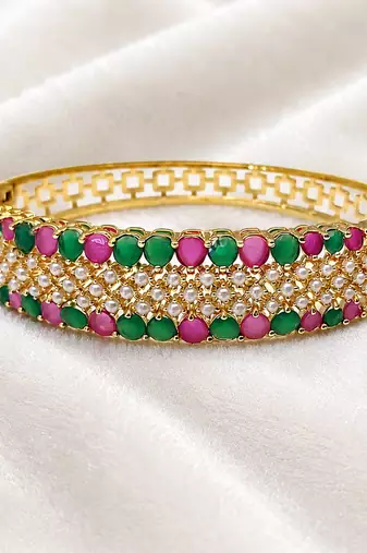 Gold-toned ruby emerald pearl kada bangle for women openable free size 